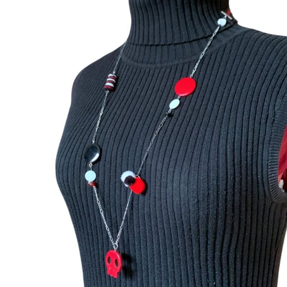2x18$ 🦃 🍂 CREATION -  Skull long necklace - ruban beads fabric - Red b&W - Picture 1 of 9